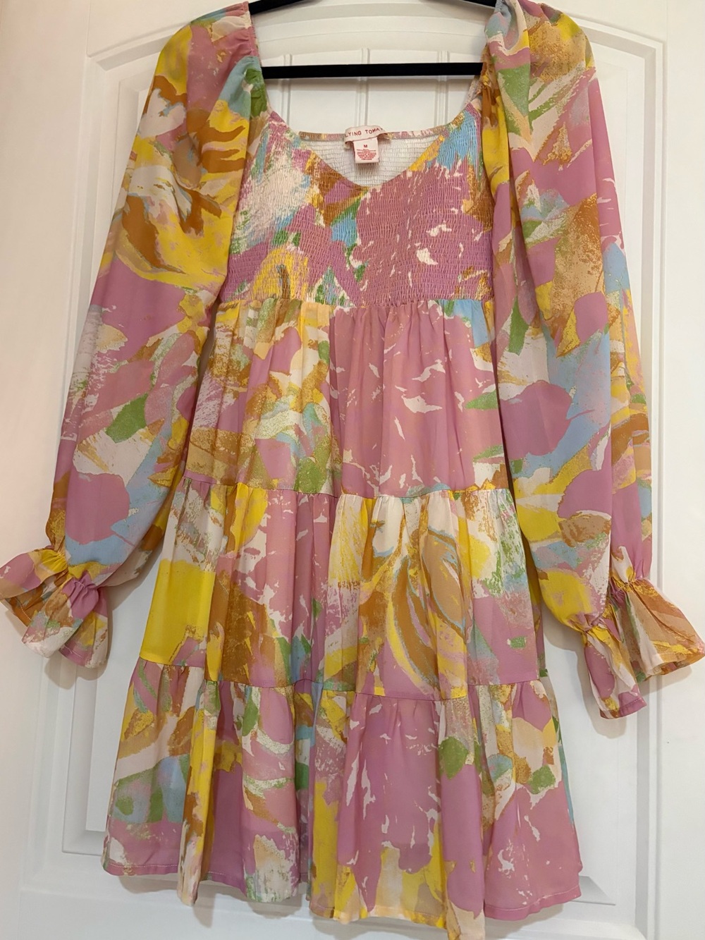 Flying Tomato Pastel Swirl Tiered Mini Dress in Pink, Yellow, Blue